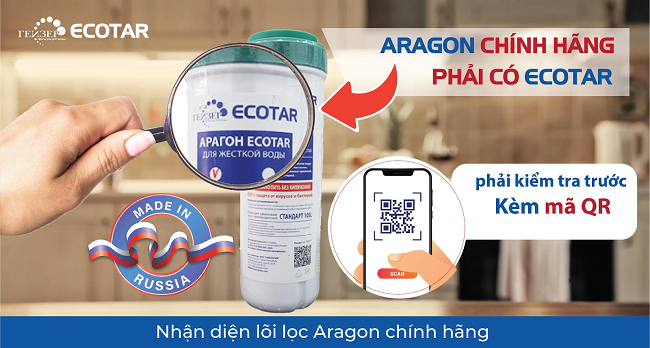 Lõi lọc Aragon sử dụng vỏ hộp nhựa bảo quản, kèm mã QR dễ dàng kiểm tra hàng chính hãng