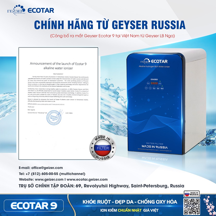 Máy lọc nước ion kiềm Geyser Ecotar 9 được công bố chính hãng từ Geyser-Recovered