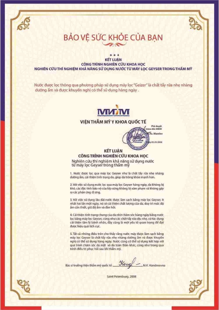 Công trình nghiên cứu khoa học về nước sau bộ lọc Geyser và chăm sóc da